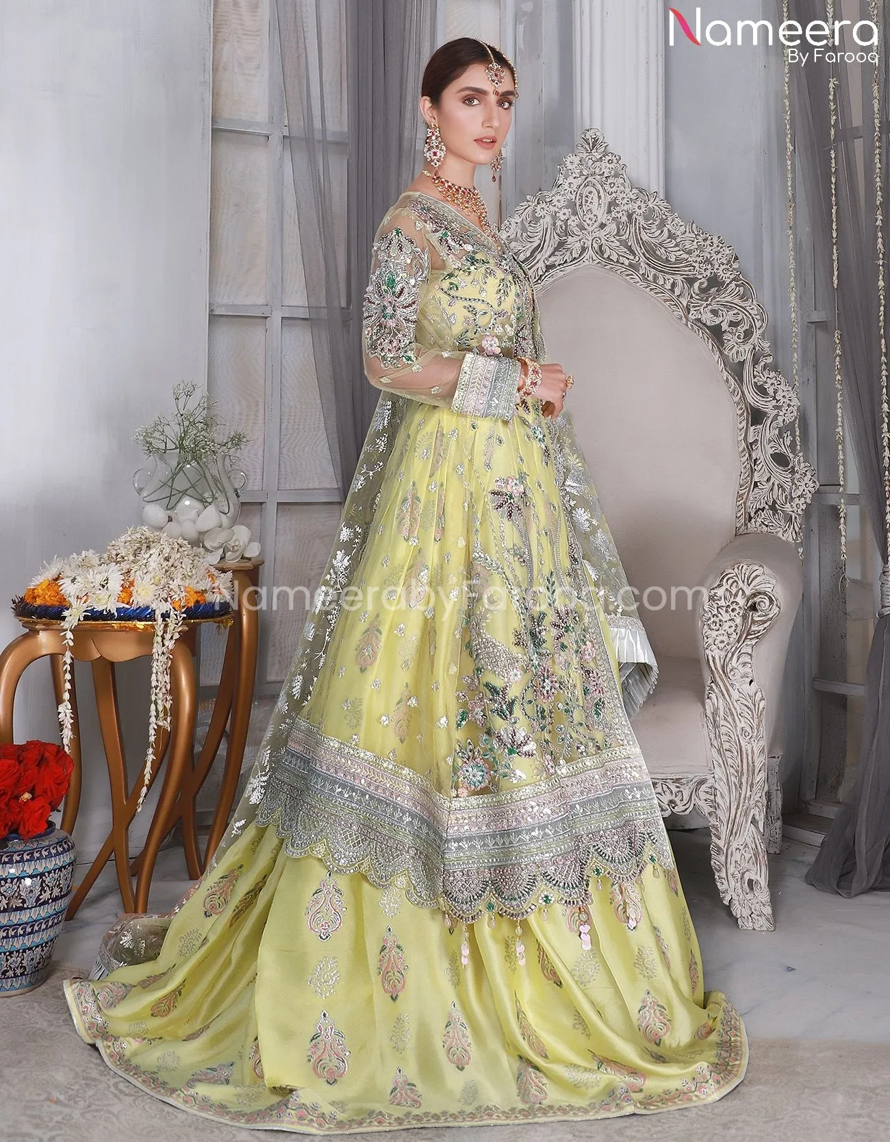 Open Frock with Block Print Lehenga Pakistani #PS214