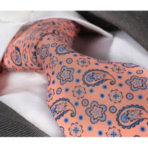 Orange Blue Paisley Mens Designer Silk Necktie with Gift Box - Premium Quality made in Europe