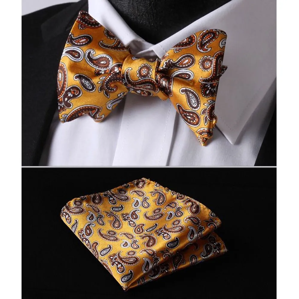 Orange Brown Paisley Mens Silk Self tie Bow Tie with Pocket Squares Set