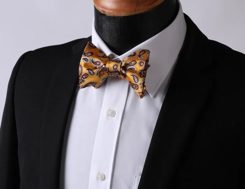 Orange Brown Paisley Mens Silk Self tie Bow Tie with Pocket Squares Set