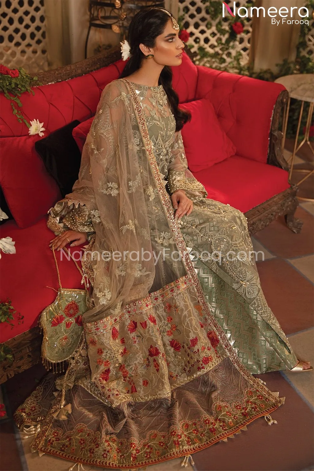 Pakistani Gown Dress in Pale Green Shade 2021 #PF199