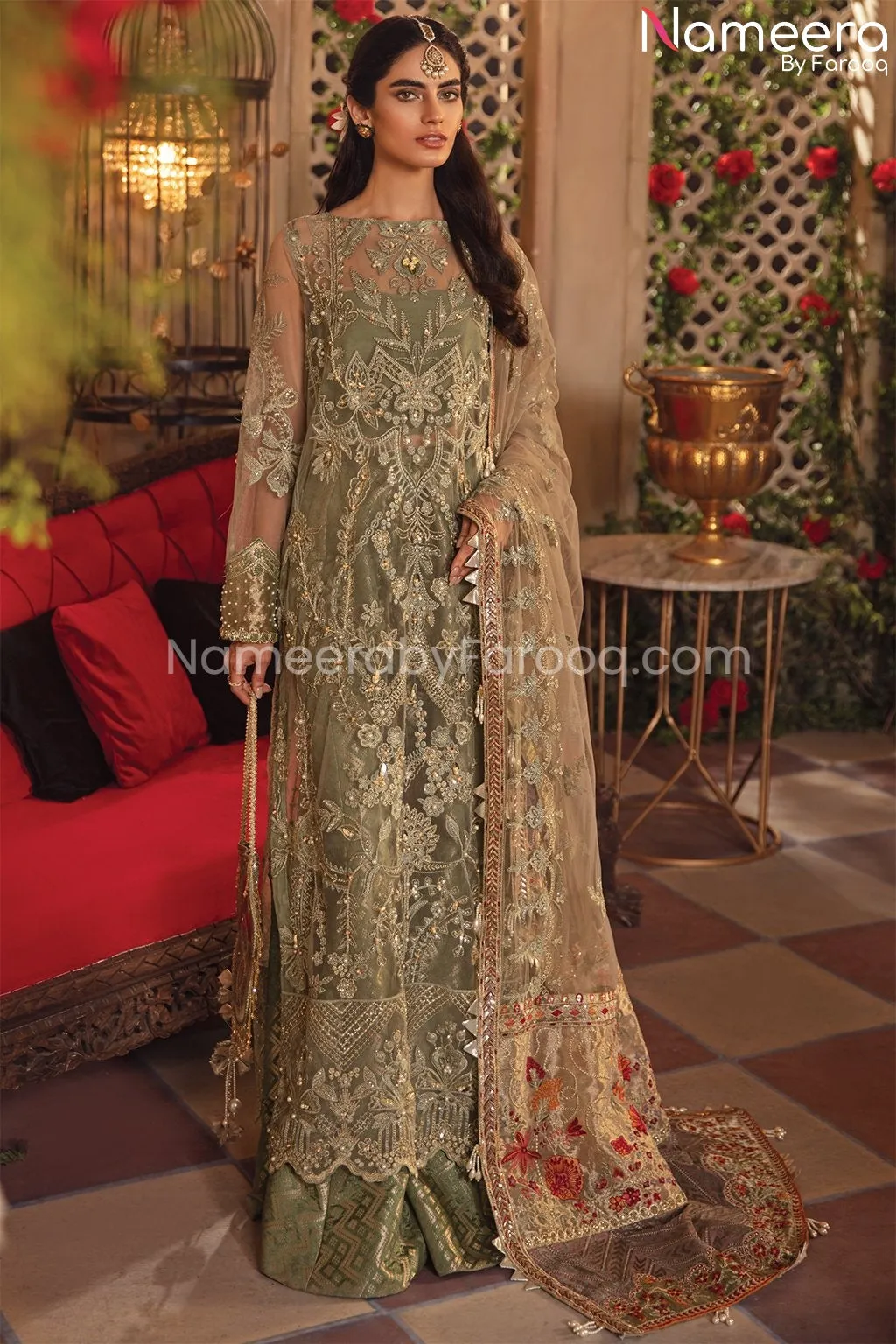 Pakistani Gown Dress in Pale Green Shade 2021 #PF199