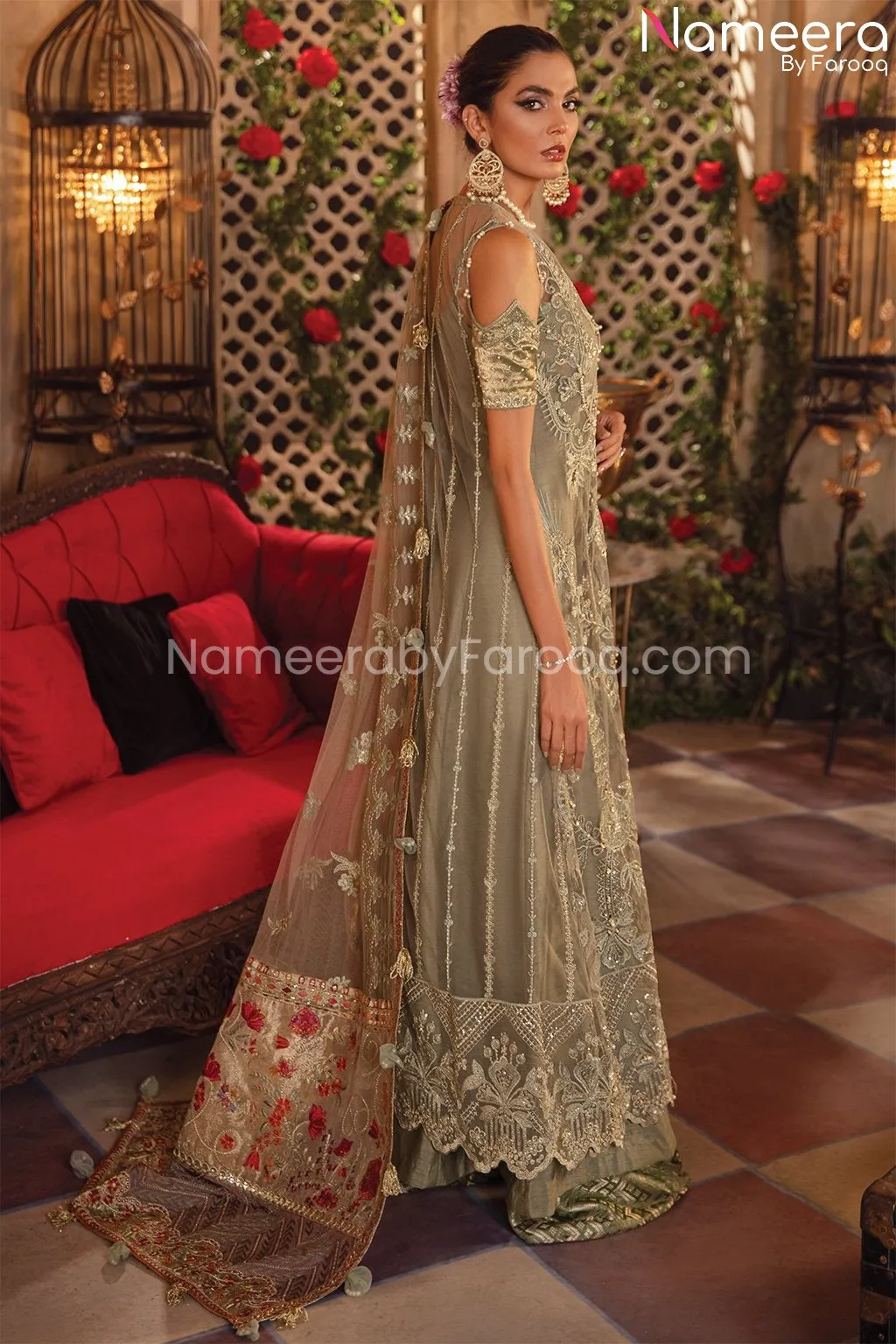 Pakistani Gown Dress in Pale Green Shade 2021 #PF199