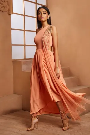 PEACH CUT OUT ONE SHOULDER OVERLAP ANARKALI