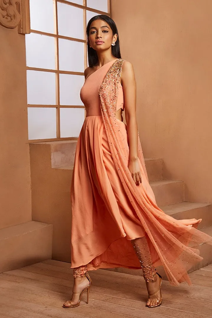 PEACH CUT OUT ONE SHOULDER OVERLAP ANARKALI