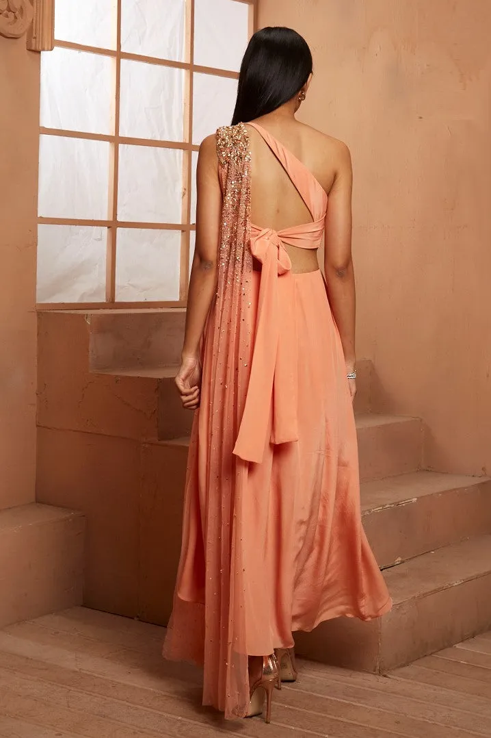 PEACH CUT OUT ONE SHOULDER OVERLAP ANARKALI