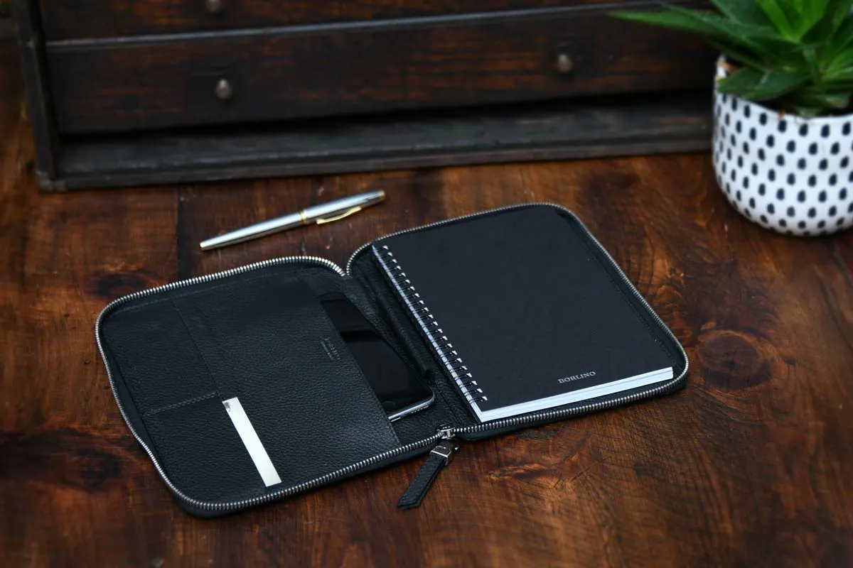 Pebble Calf Leather Medium-Size Zippered Padfolio - Onyx Black