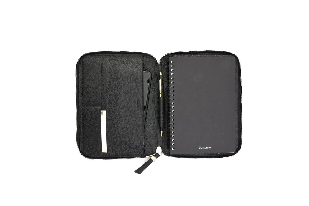 Pebble Calf Leather Medium-Size Zippered Padfolio - Onyx Black