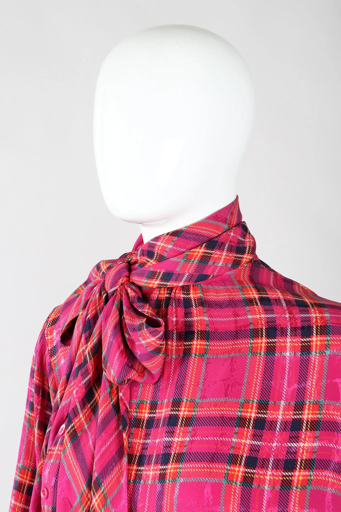 Plaid Silk Bow Blouse