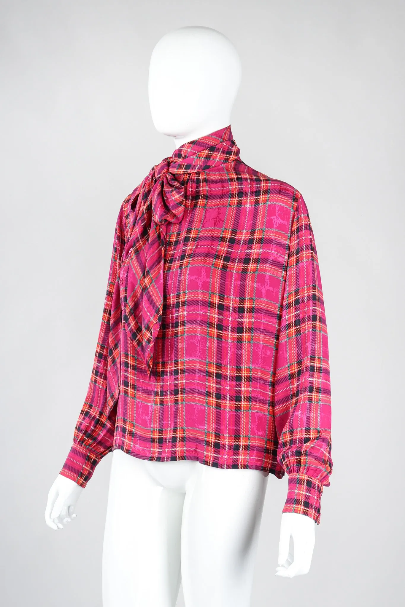 Plaid Silk Bow Blouse