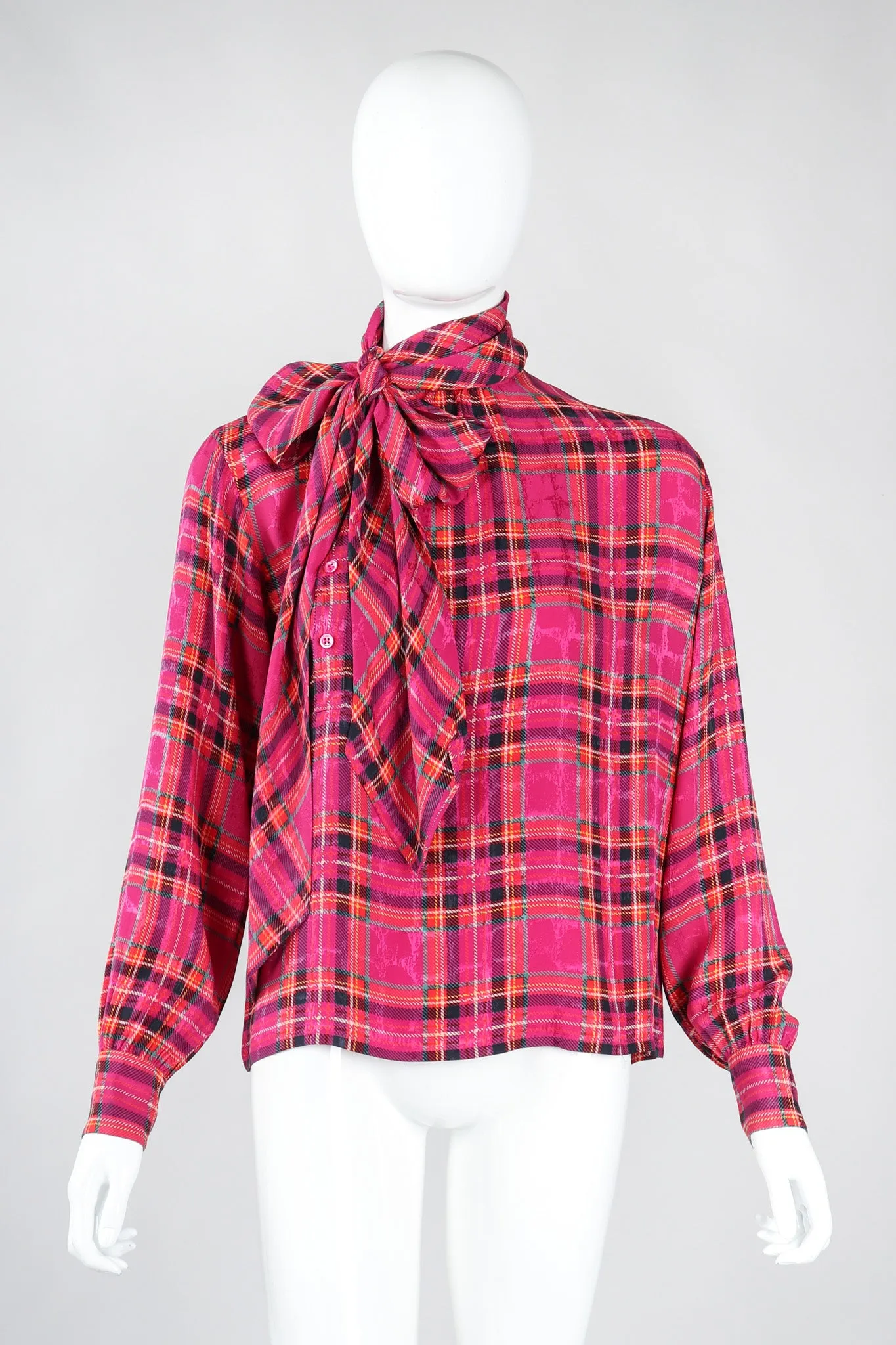 Plaid Silk Bow Blouse