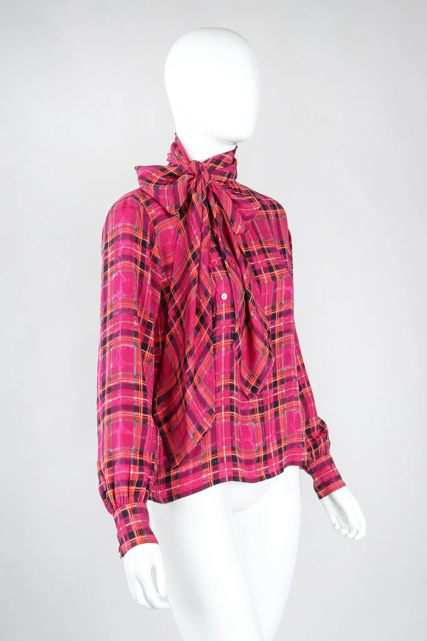 Plaid Silk Bow Blouse