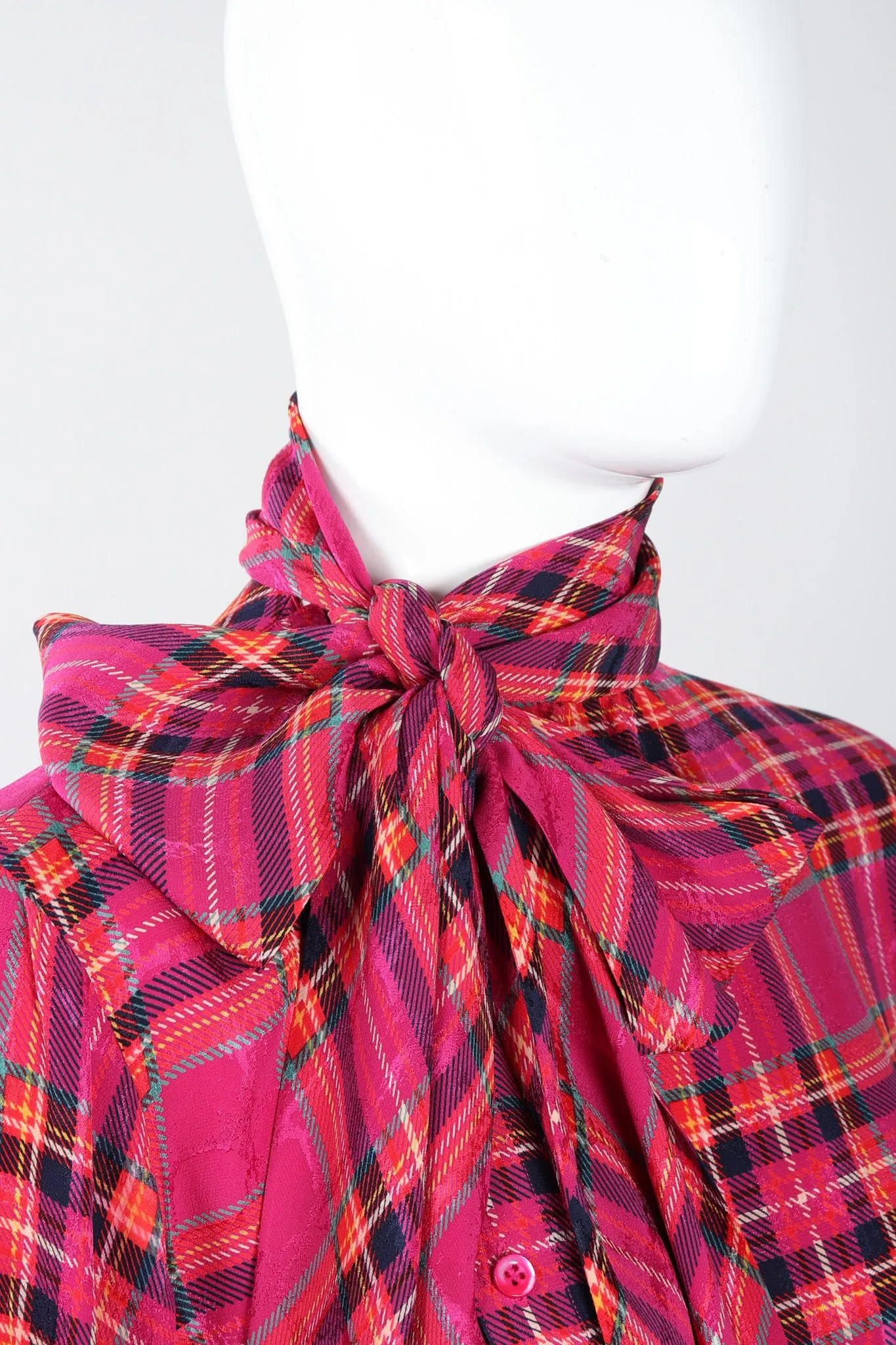 Plaid Silk Bow Blouse