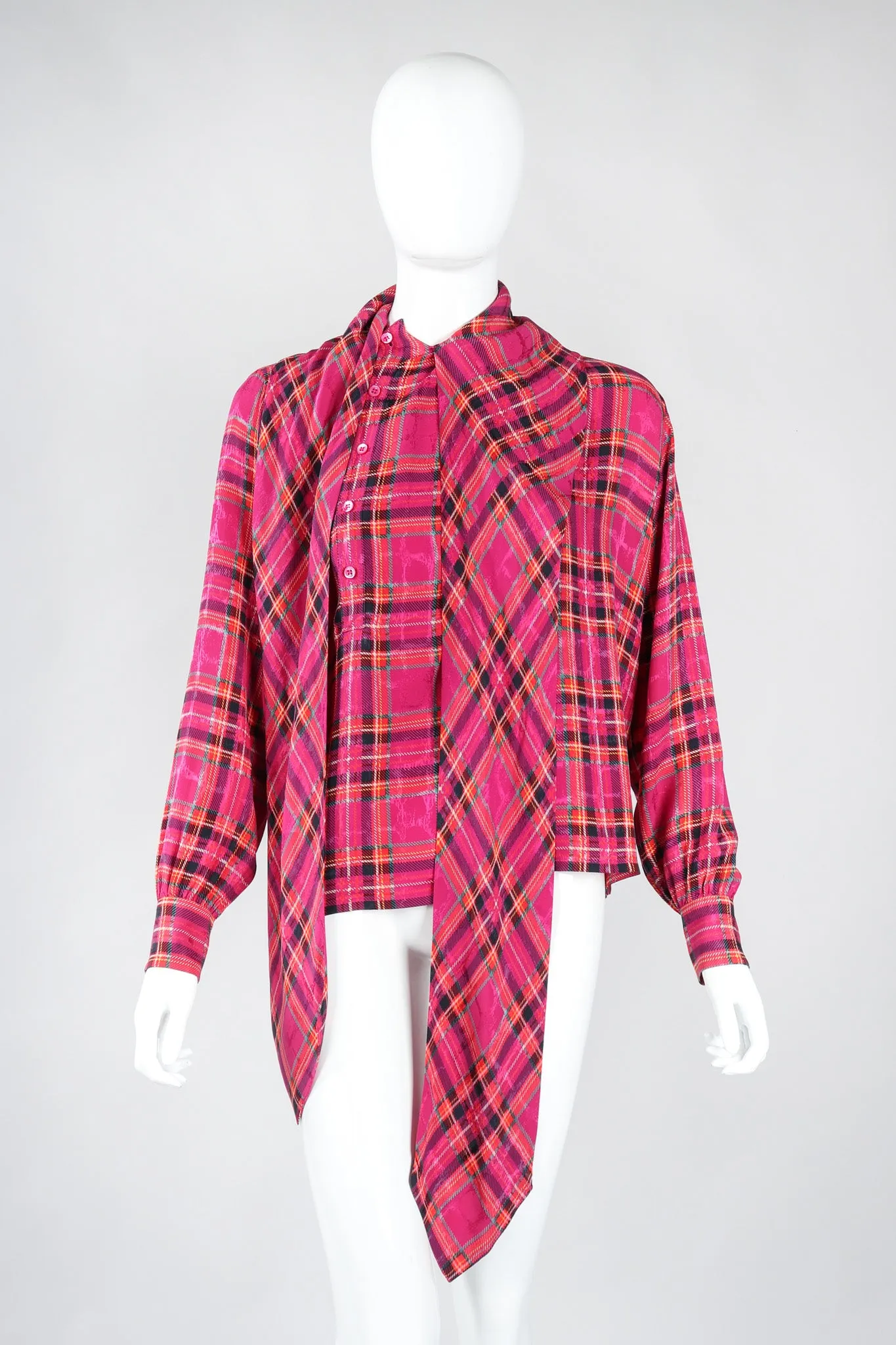 Plaid Silk Bow Blouse
