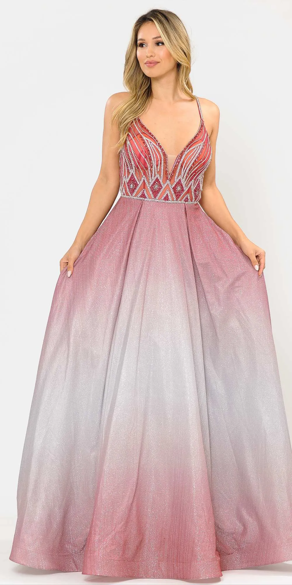 Poly USA 8350 Floor Length A-Line Glitter Sleeveless Ombre Gown