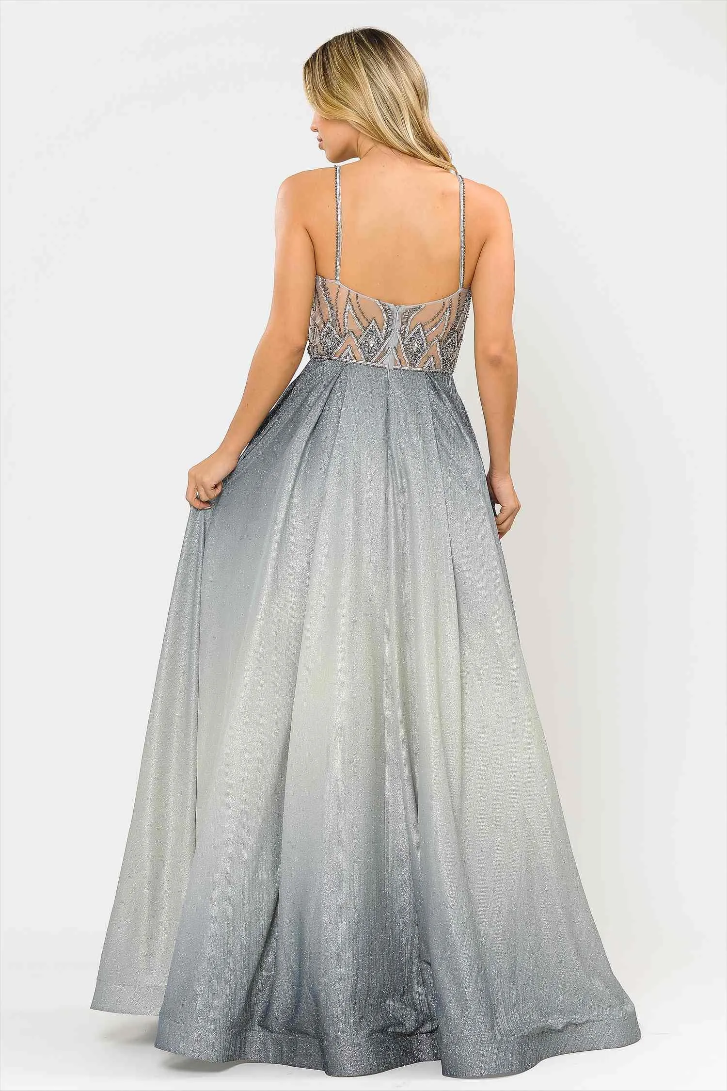 Poly USA 8350 Floor Length A-Line Glitter Sleeveless Ombre Gown