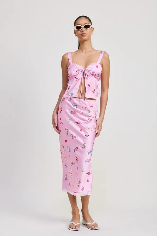 PRINTED SATIN MIDI SKIRT