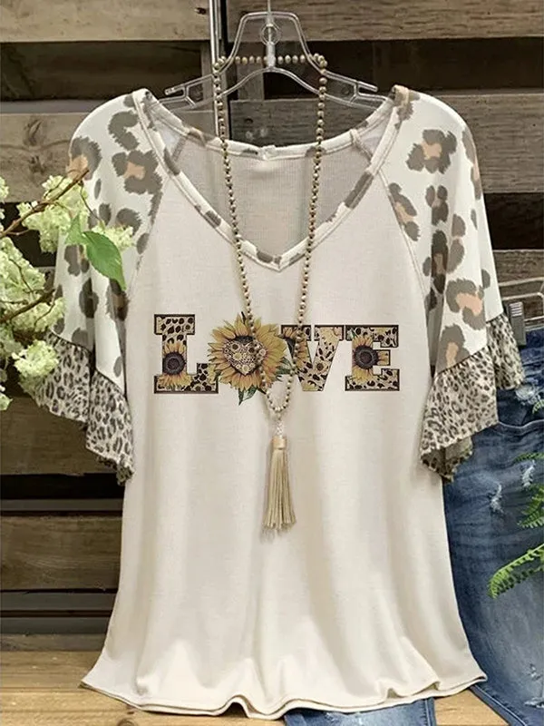 Printed V-Neck Ruffle Tee