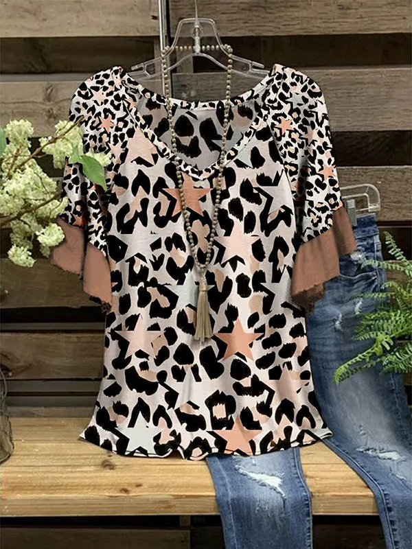 Printed V-Neck Ruffle Tee