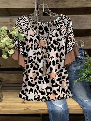 Printed V-Neck Ruffle Tee
