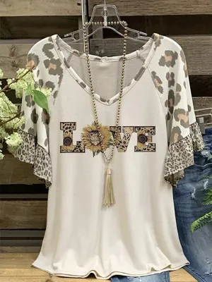 Printed V-Neck Ruffle Tee
