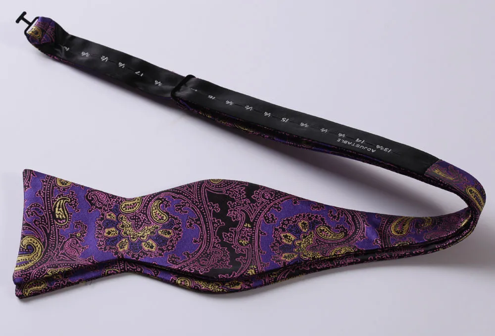 Purple & Yellow Mens Silk Self tie Bow Tie with Pocket Squares Set