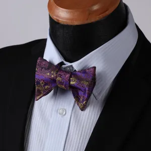 Purple & Yellow Mens Silk Self tie Bow Tie with Pocket Squares Set