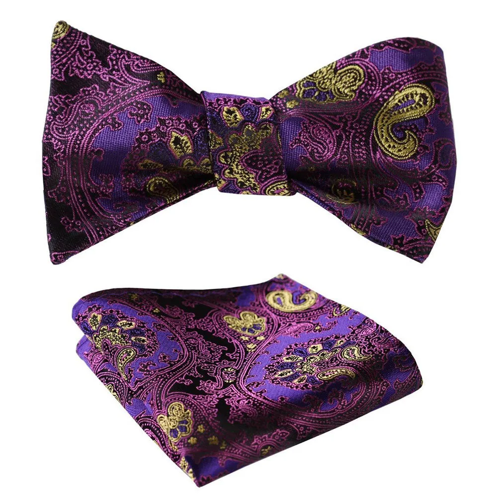 Purple & Yellow Mens Silk Self tie Bow Tie with Pocket Squares Set