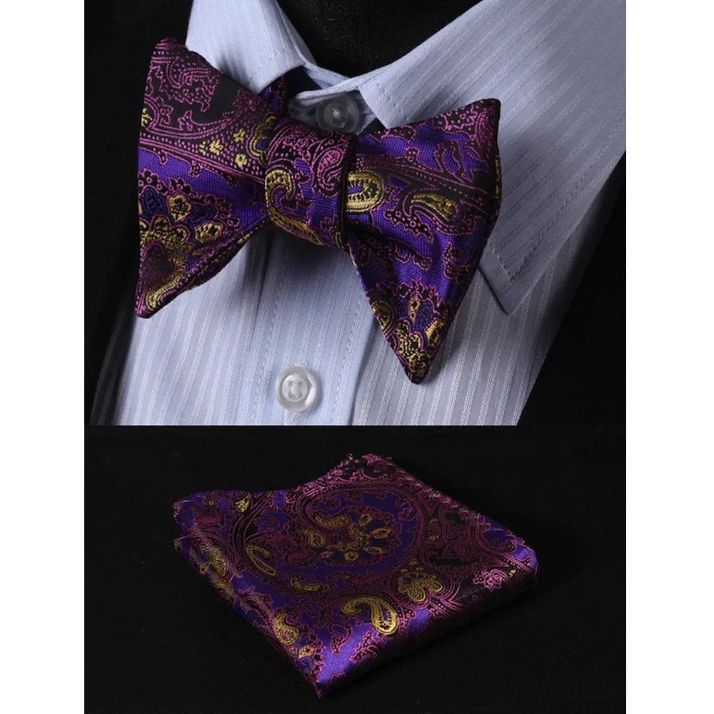 Purple & Yellow Mens Silk Self tie Bow Tie with Pocket Squares Set