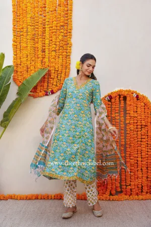 "Phool" Cotton Kurta Set with Kota Doria Dupatta (3pc)