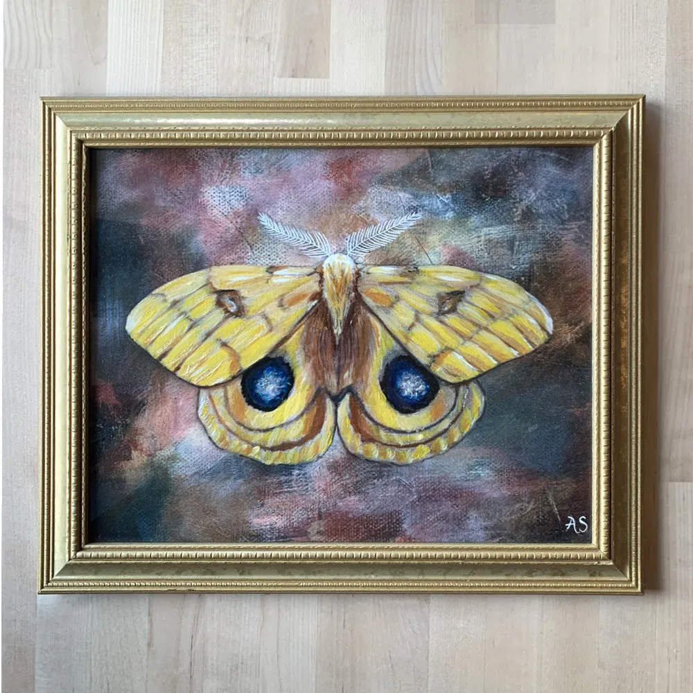 "Yellow Io Moth" Embellished Fine Art Print in Vintage Frame, 11x14