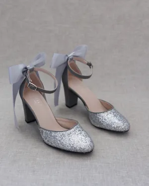 Rock Glitter Block Heel with Back Satin Bow
