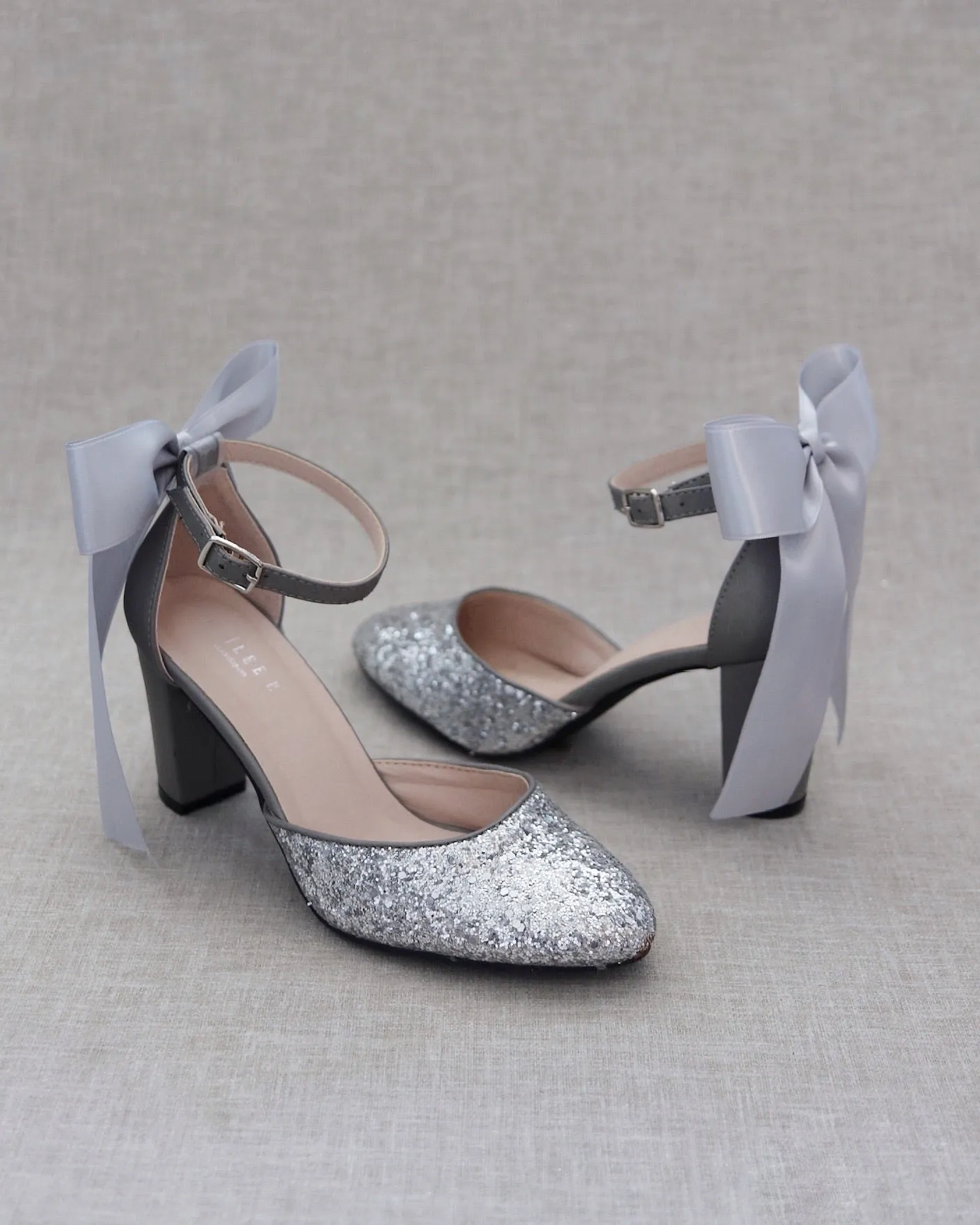 Rock Glitter Block Heel with Back Satin Bow
