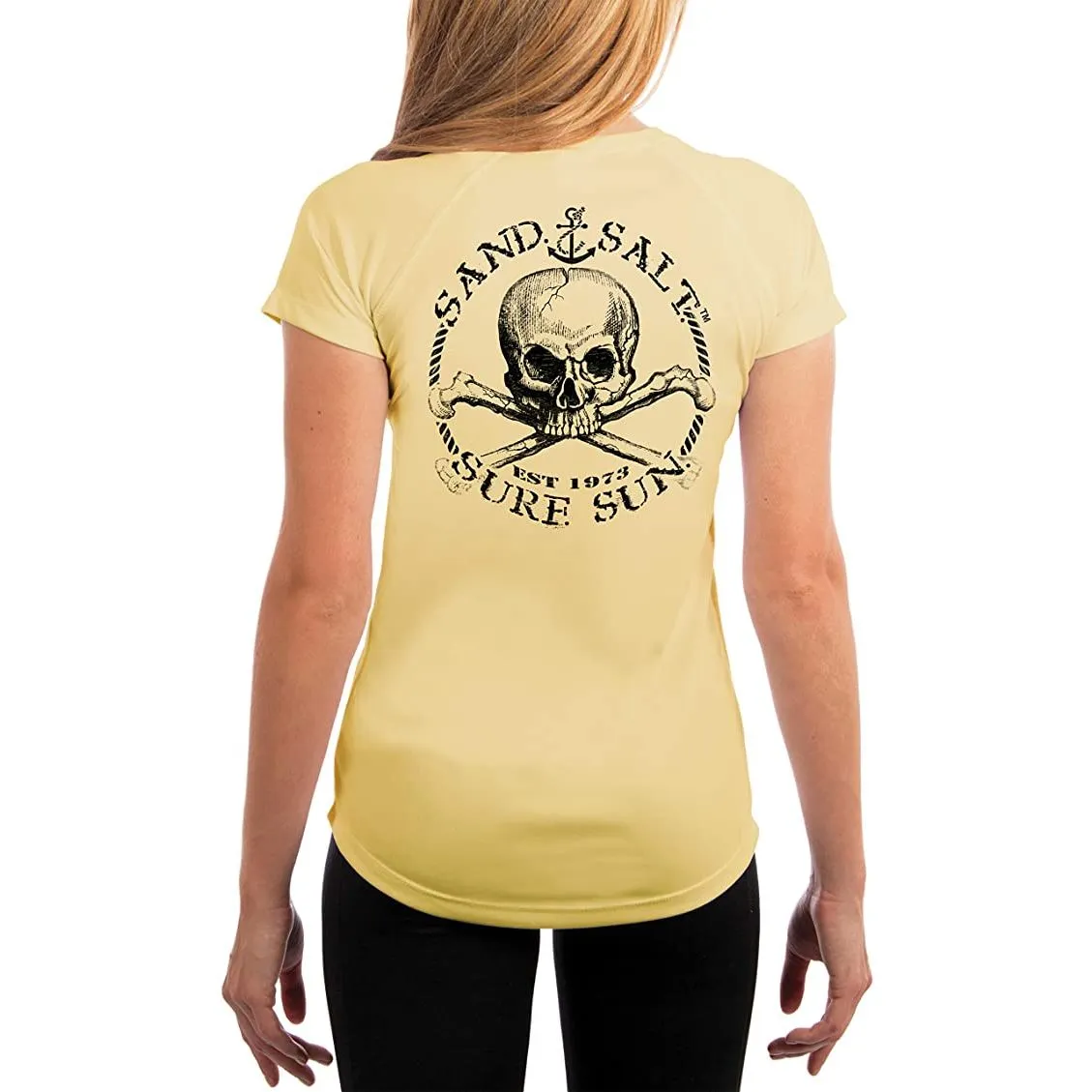 SAND.SALT.SURF.SUN. Black Skull Women's UPF 50  UV Sun Protection Performance Short Sleeve T-Shirt