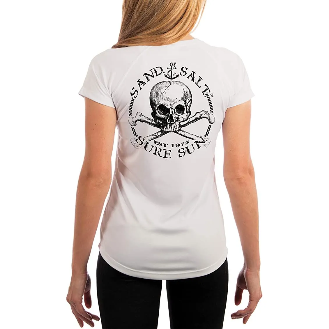 SAND.SALT.SURF.SUN. Black Skull Women's UPF 50  UV Sun Protection Performance Short Sleeve T-Shirt