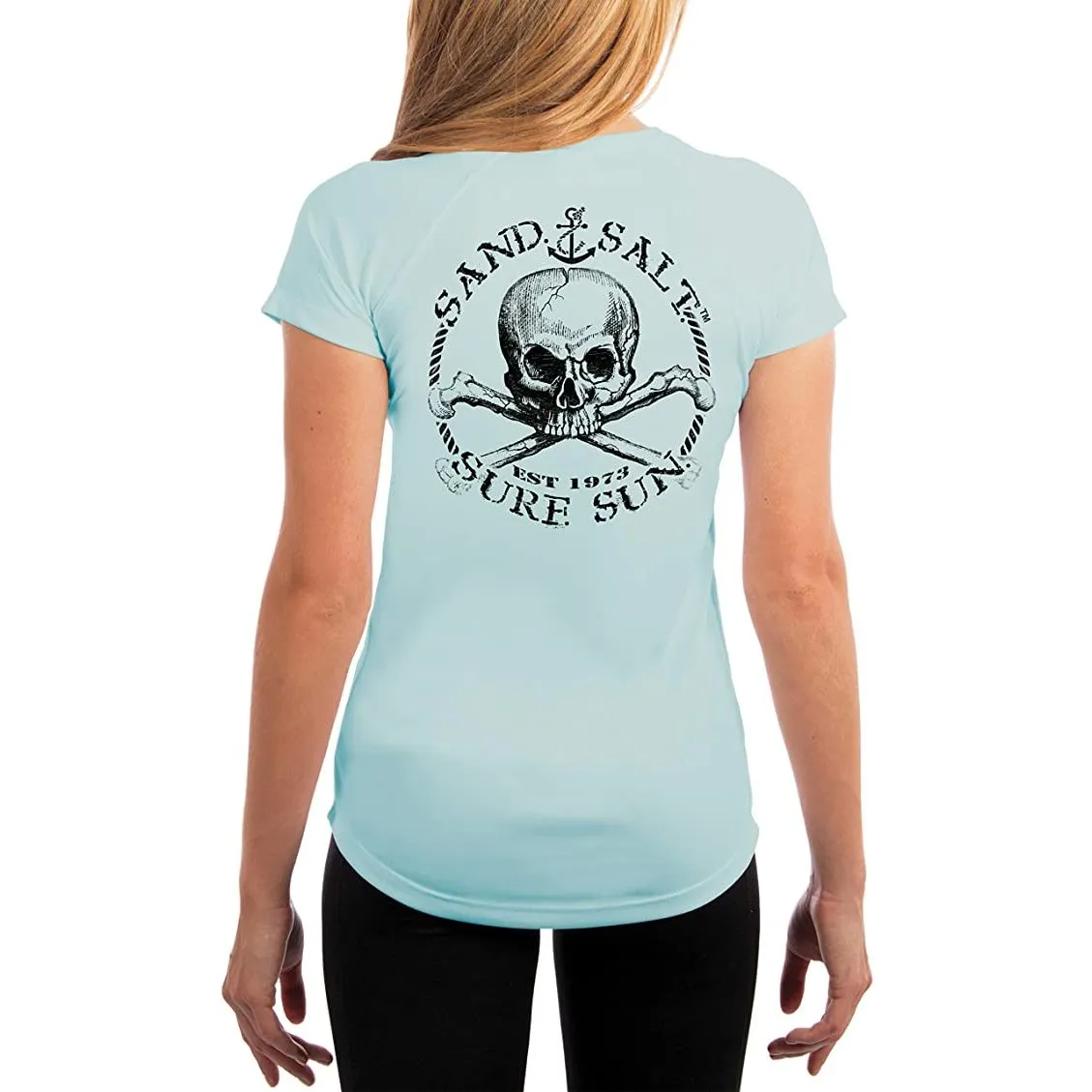 SAND.SALT.SURF.SUN. Black Skull Women's UPF 50  UV Sun Protection Performance Short Sleeve T-Shirt