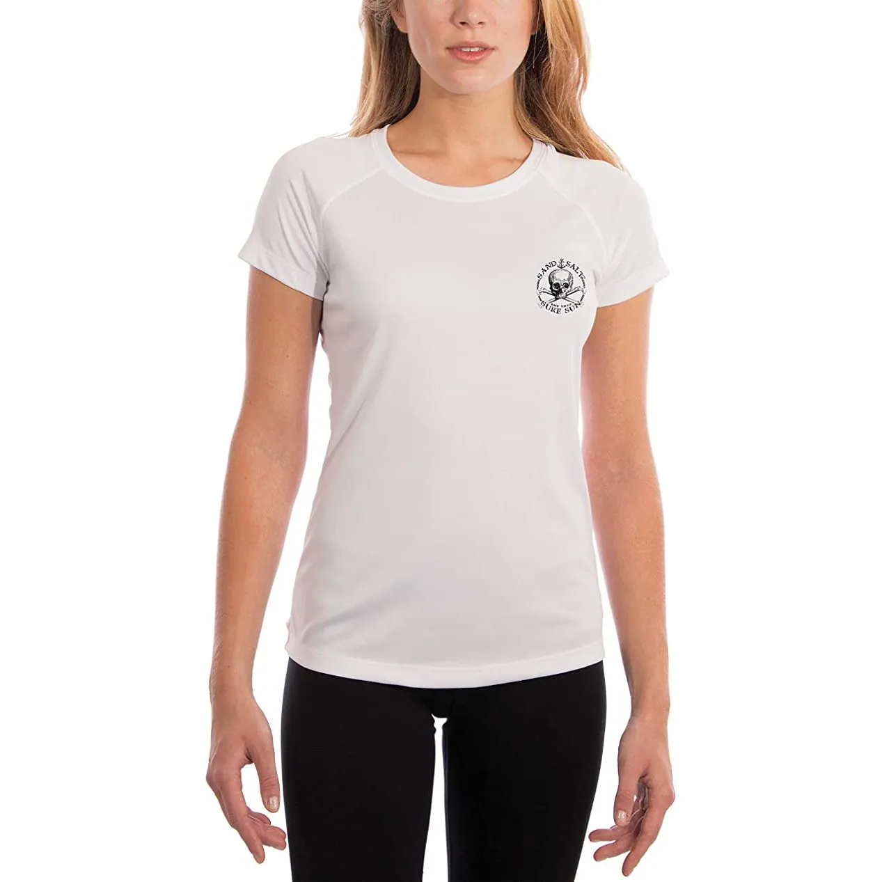 SAND.SALT.SURF.SUN. Black Skull Women's UPF 50  UV Sun Protection Performance Short Sleeve T-Shirt