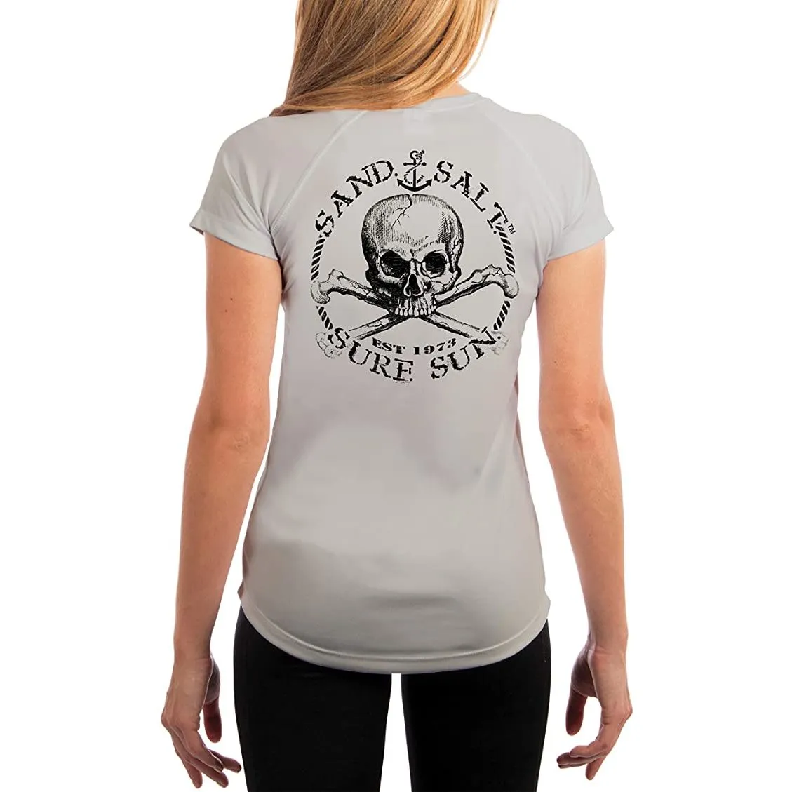 SAND.SALT.SURF.SUN. Black Skull Women's UPF 50  UV Sun Protection Performance Short Sleeve T-Shirt
