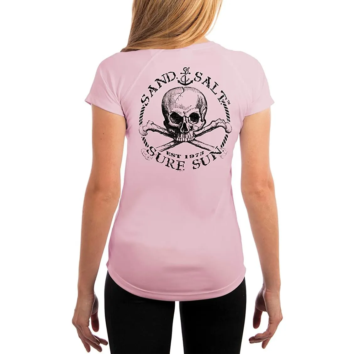 SAND.SALT.SURF.SUN. Black Skull Women's UPF 50  UV Sun Protection Performance Short Sleeve T-Shirt