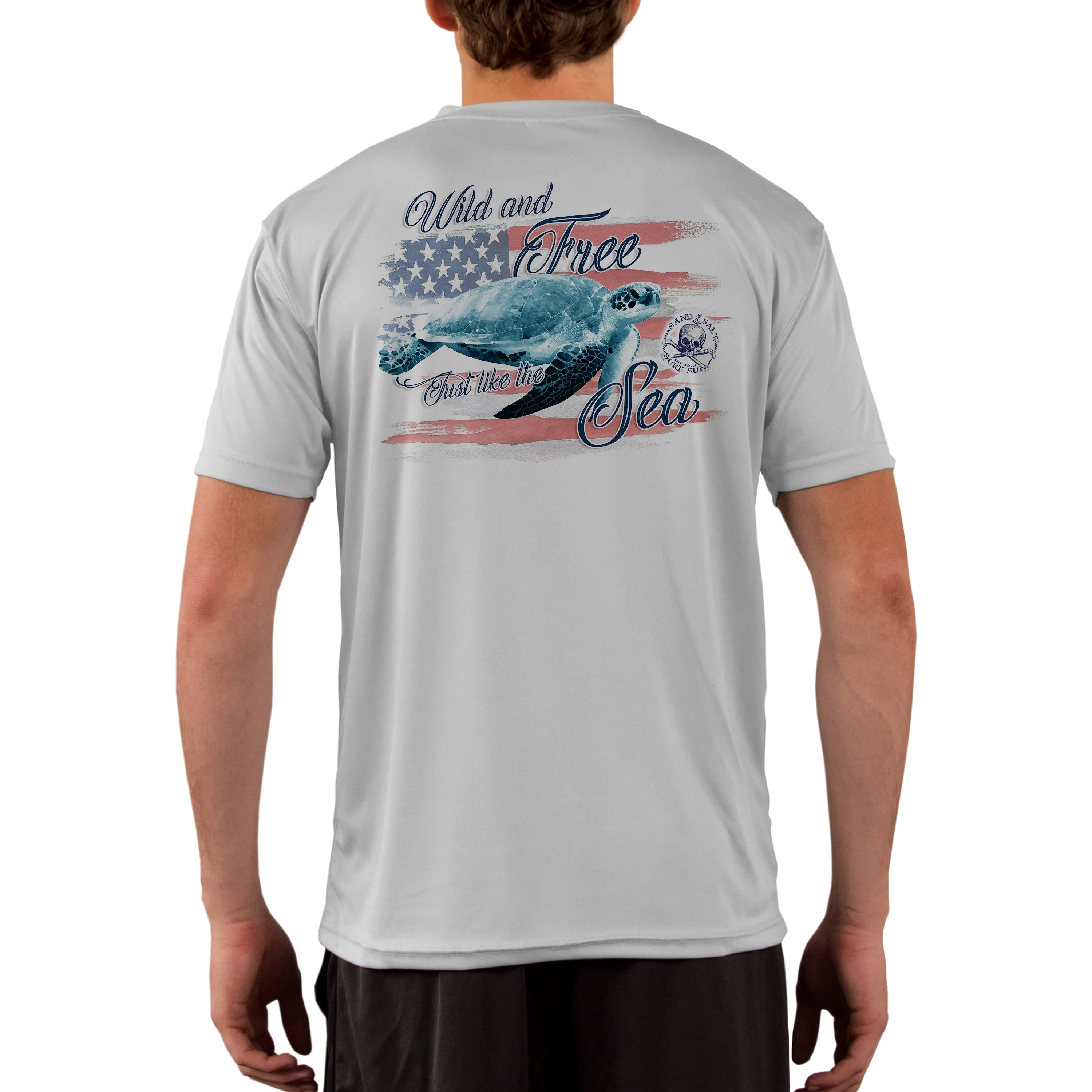 SAND.SALT.SURF.SUN. Flag Turtle Men's UPF 50  UV Sun Protection Performance Short Sleeve T-Shirt
