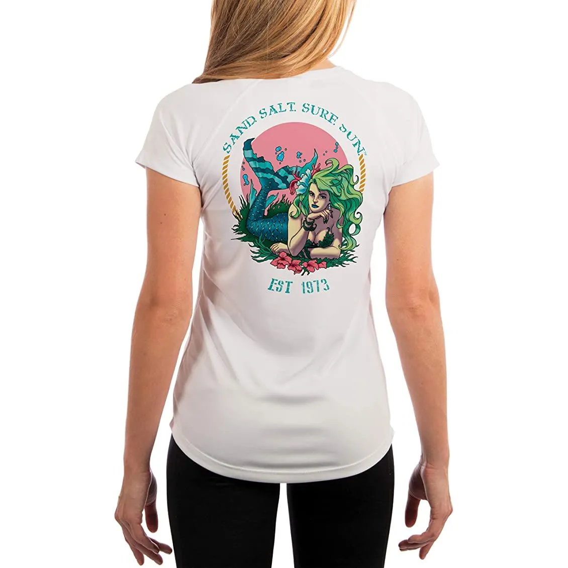 SAND.SALT.SURF.SUN. Mermaid Women's UPF 50  UV Sun Protection Performance Short Sleeve T-Shirt