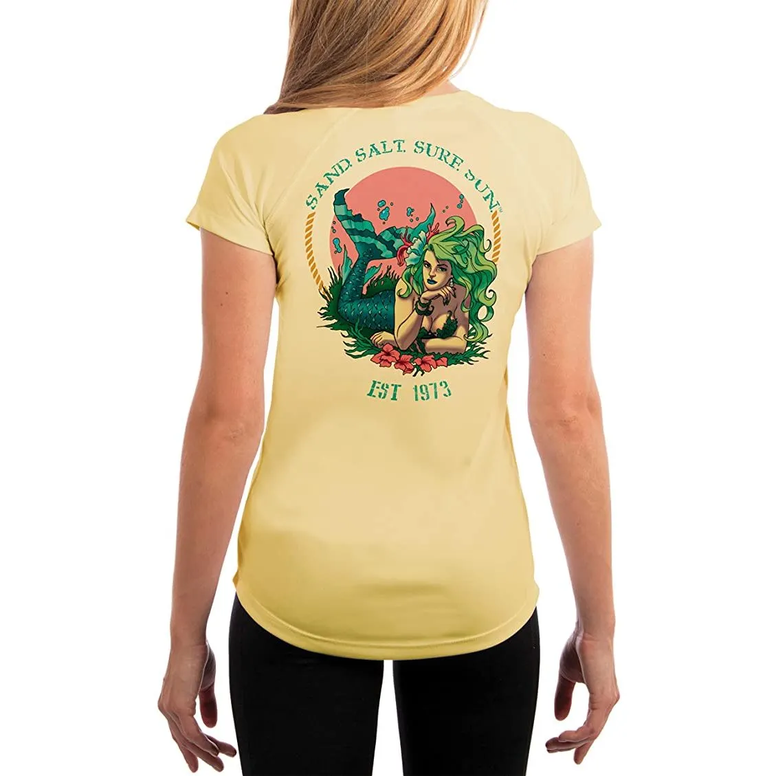 SAND.SALT.SURF.SUN. Mermaid Women's UPF 50  UV Sun Protection Performance Short Sleeve T-Shirt