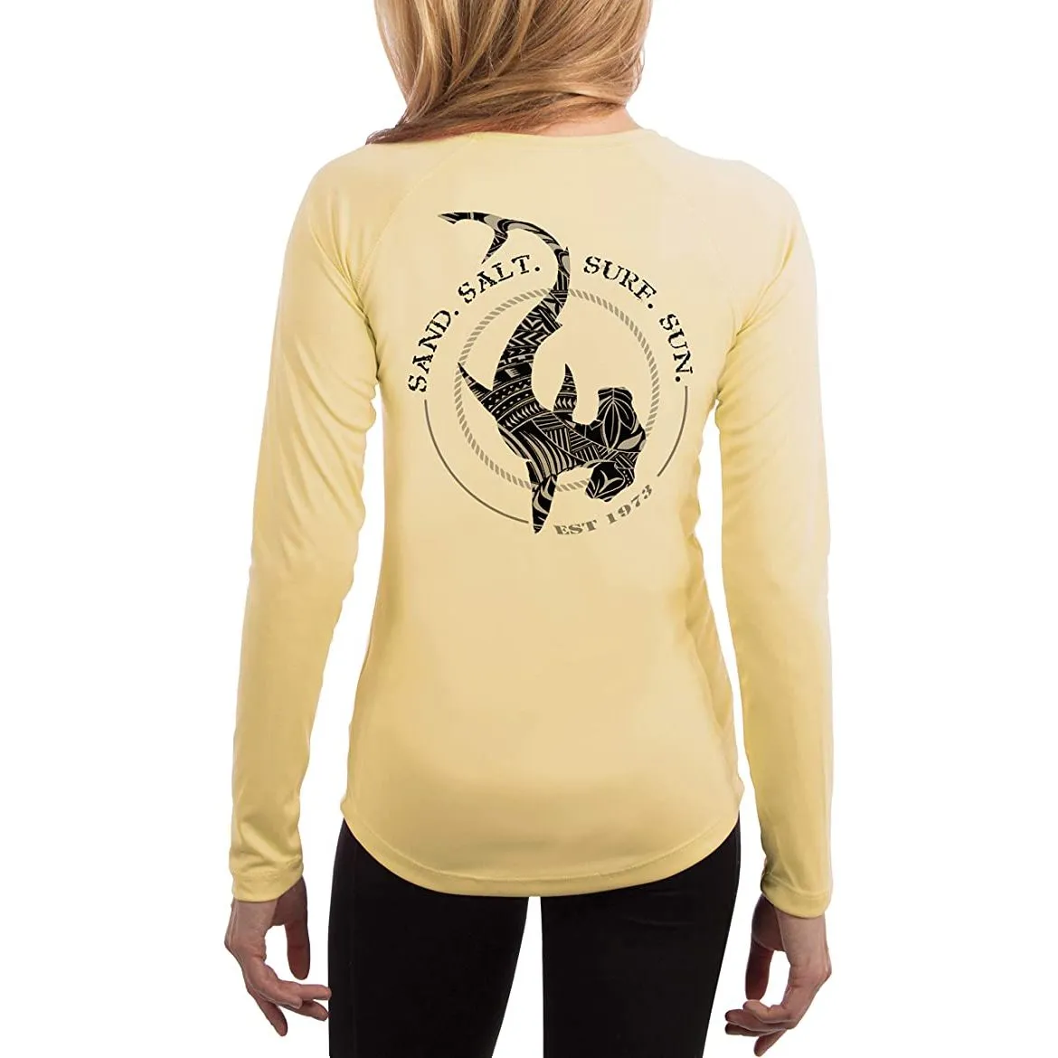 SAND.SALT.SURF.SUN. Polynesian Hammerhead Tribal Women's UPF 50  UV Sun Protection Performance Long Sleeve T-Shirt