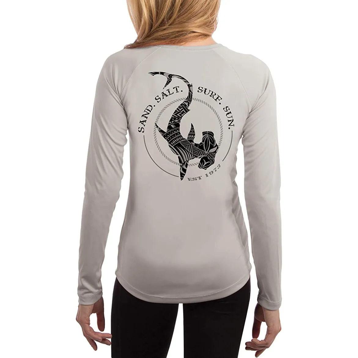 SAND.SALT.SURF.SUN. Polynesian Hammerhead Tribal Women's UPF 50  UV Sun Protection Performance Long Sleeve T-Shirt