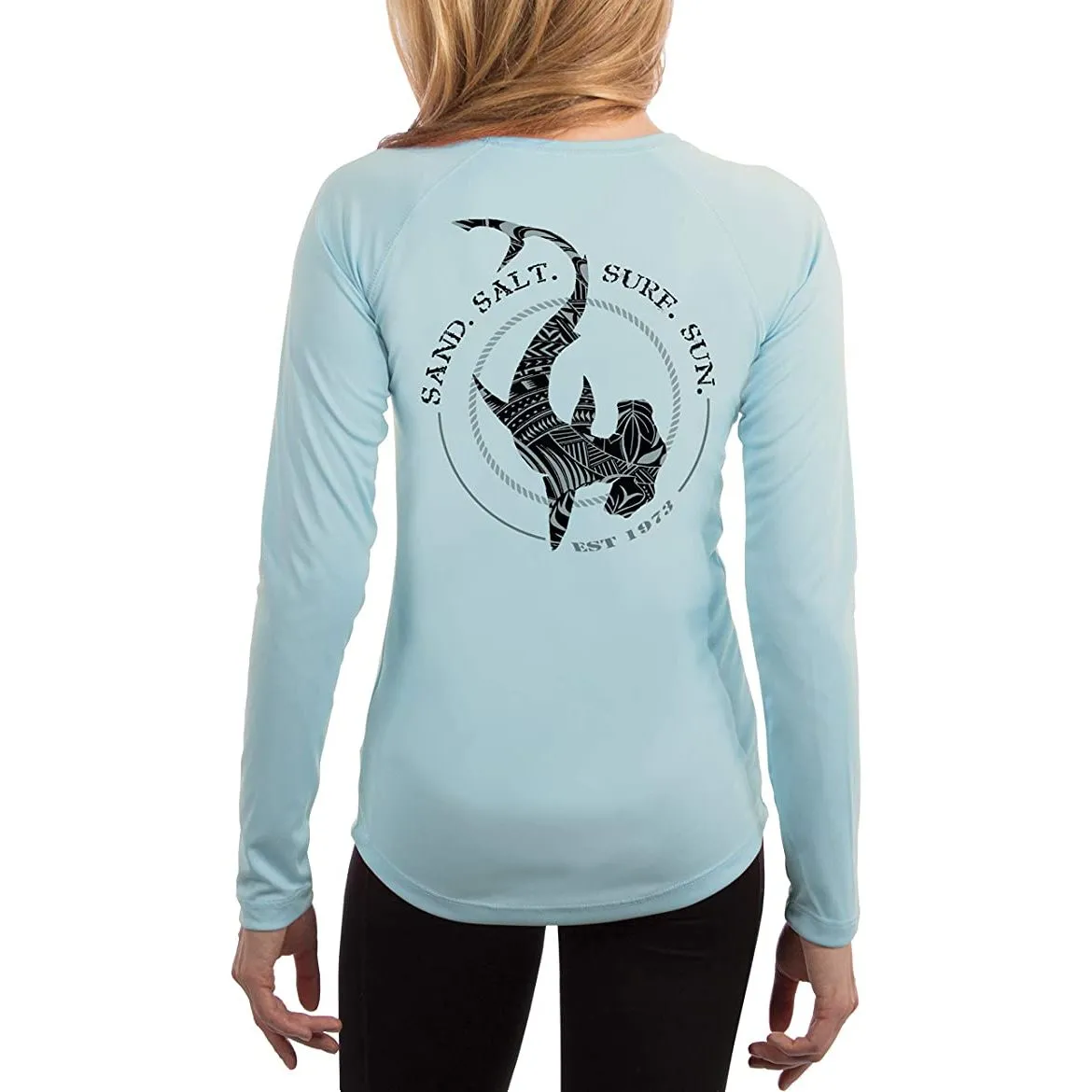 SAND.SALT.SURF.SUN. Polynesian Hammerhead Tribal Women's UPF 50  UV Sun Protection Performance Long Sleeve T-Shirt