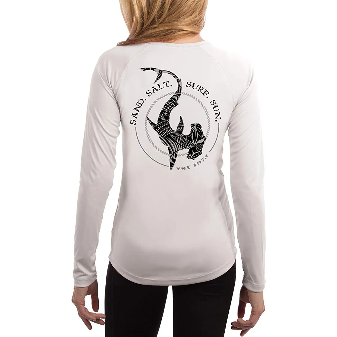 SAND.SALT.SURF.SUN. Polynesian Hammerhead Tribal Women's UPF 50  UV Sun Protection Performance Long Sleeve T-Shirt