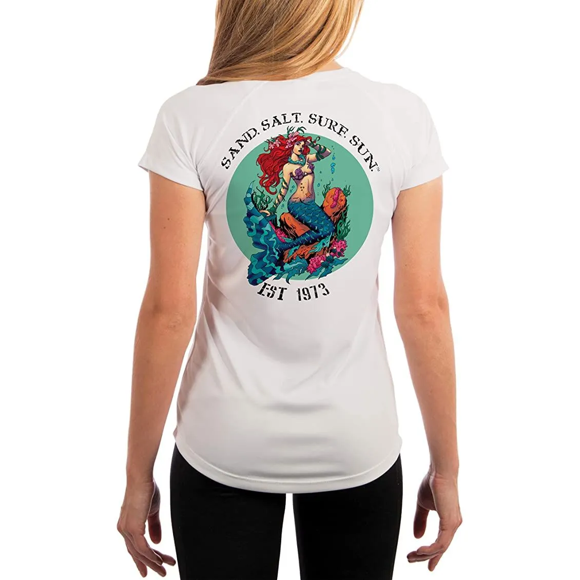 SAND.SALT.SURF.SUN. Redhead Mermaid Women's UPF 50  UV Sun Protection Performance Short Sleeve T-Shirt