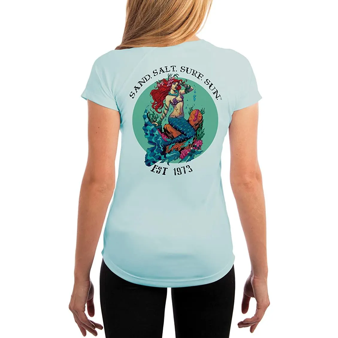 SAND.SALT.SURF.SUN. Redhead Mermaid Women's UPF 50  UV Sun Protection Performance Short Sleeve T-Shirt