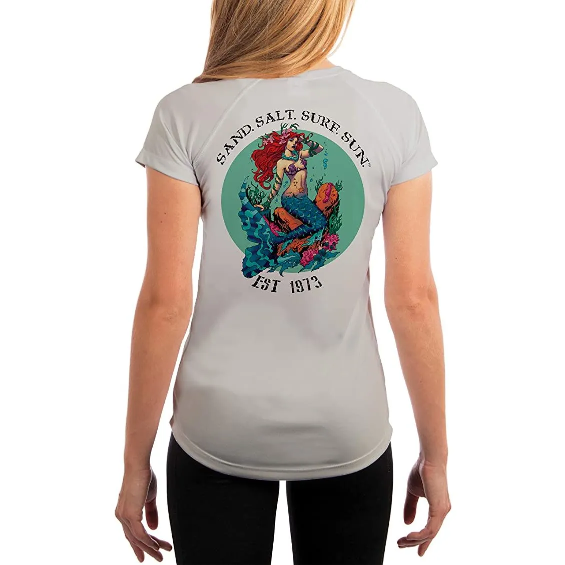 SAND.SALT.SURF.SUN. Redhead Mermaid Women's UPF 50  UV Sun Protection Performance Short Sleeve T-Shirt