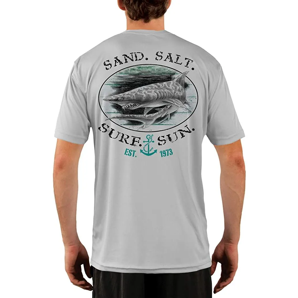 SAND.SALT.SURF.SUN. Shark Men's UPF 50  UV Sun Protection Performance Short Sleeve T-Shirt